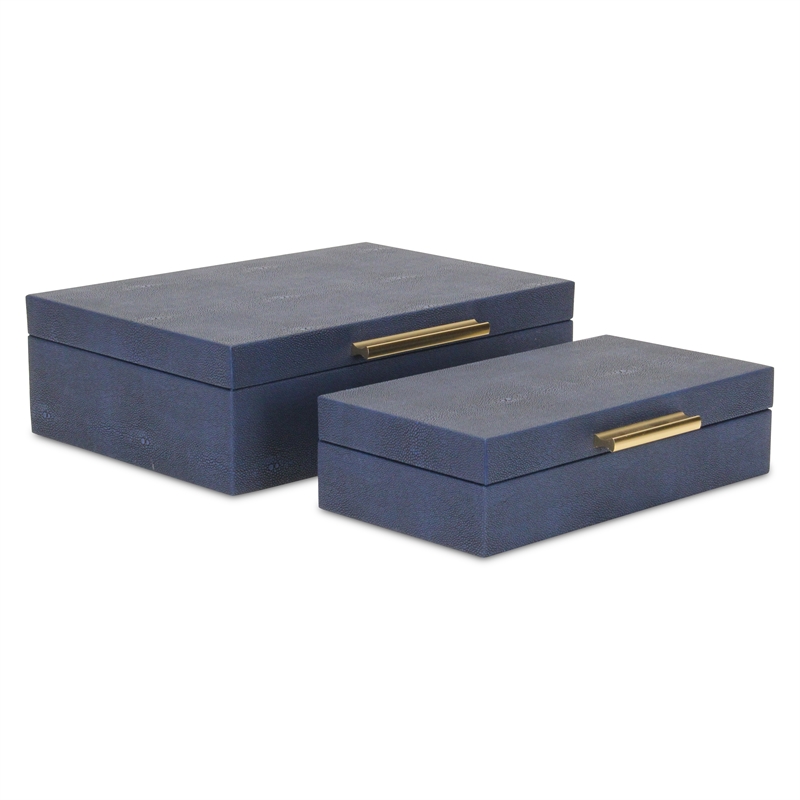 Pemberly Row Set of 2 Rectangular Box Set in Navy Blue Faux Shagreen