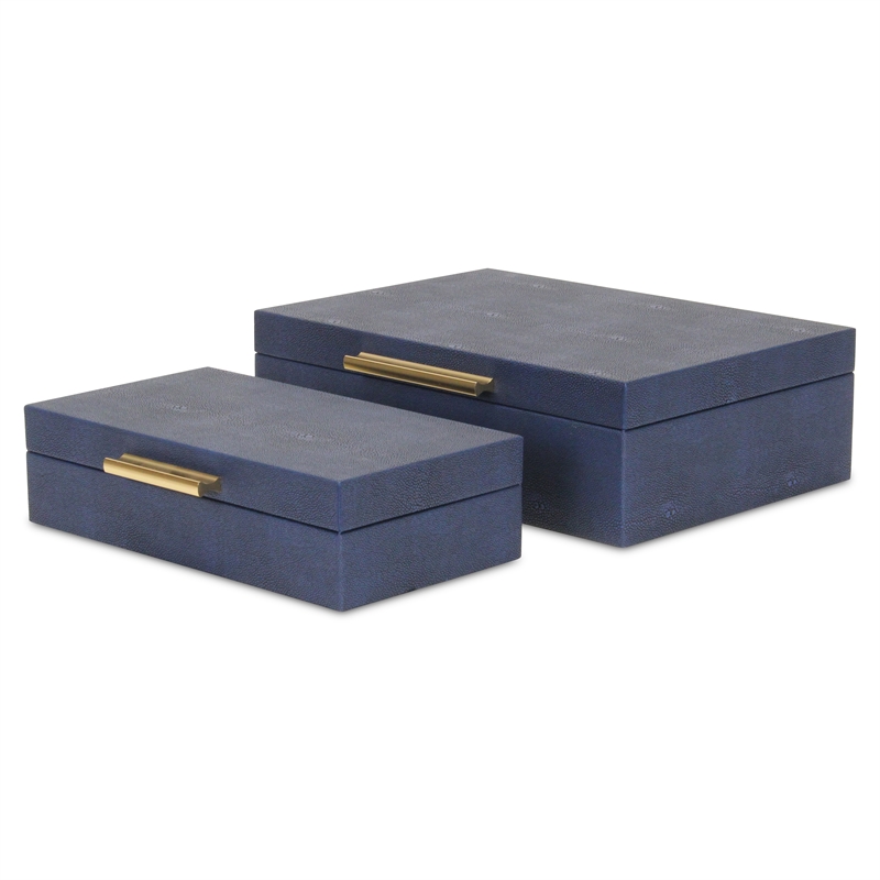 Pemberly Row Set of 2 Rectangular Box Set in Navy Blue Faux Shagreen