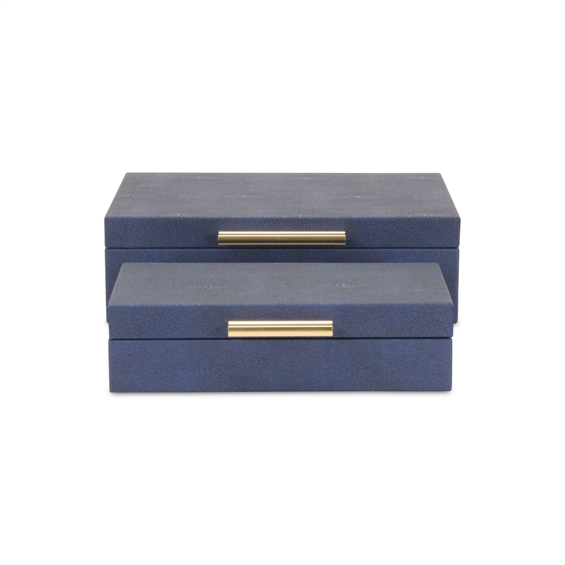 Pemberly Row Set of 2 Rectangular Box Set in Navy Blue Faux Shagreen