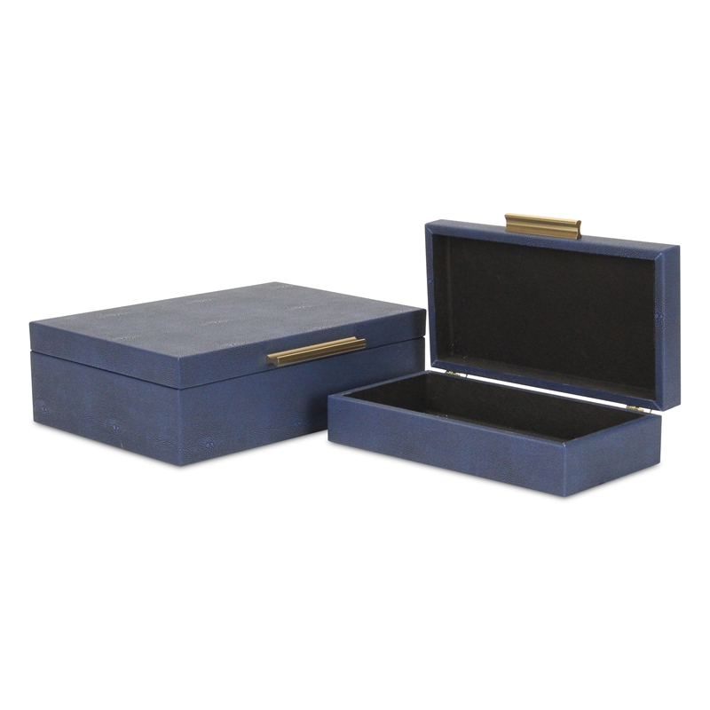 Pemberly Row Set of 2 Rectangular Box Set in Navy Blue Faux Shagreen