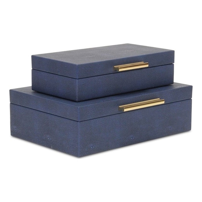 Pemberly Row Set of 2 Rectangular Box Set in Navy Blue Faux Shagreen