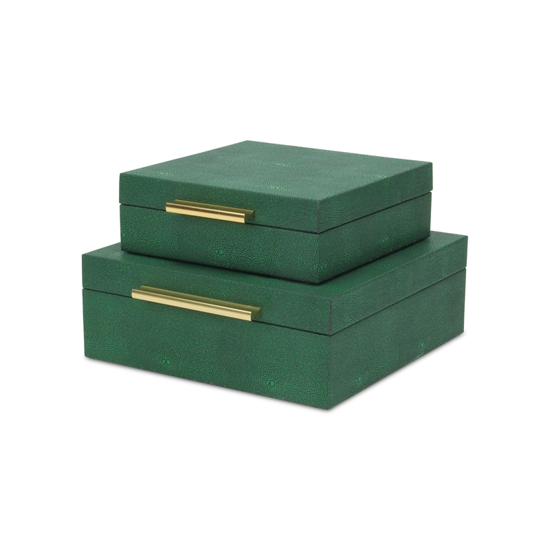 Pemberly Row Square Decorative Box Set of 2 in Green Faux Shagreen