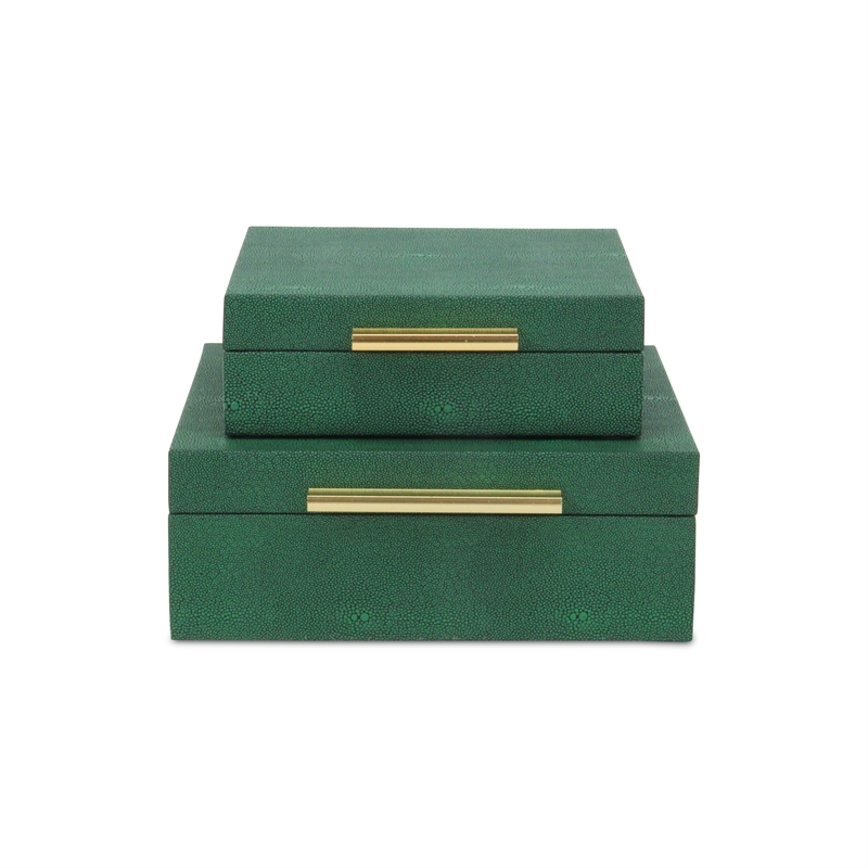 Pemberly Row Square Decorative Box Set of 2 in Green Faux Shagreen