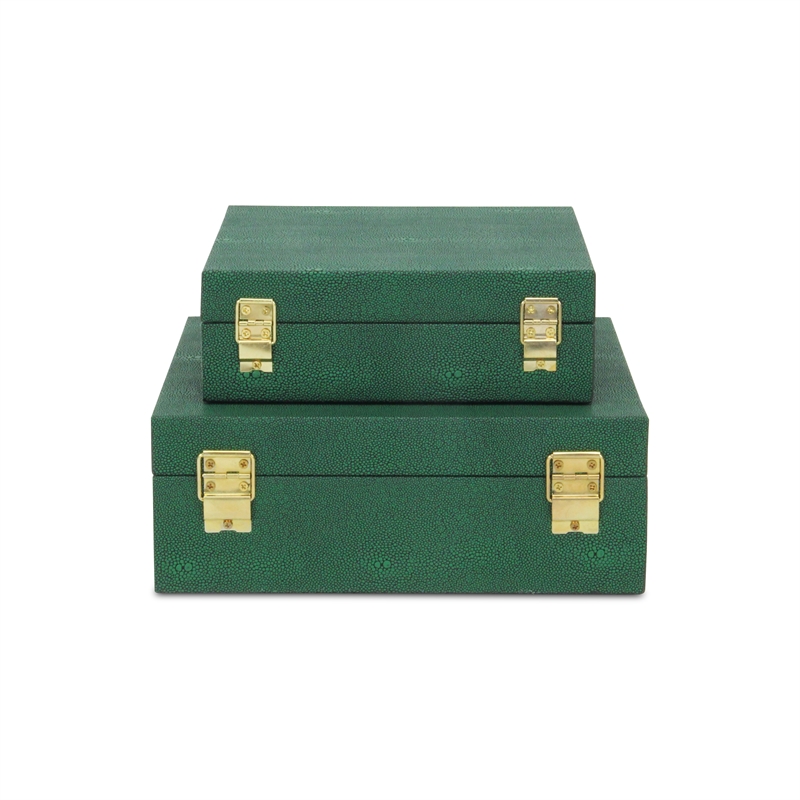 Pemberly Row Square Decorative Box Set of 2 in Green Faux Shagreen