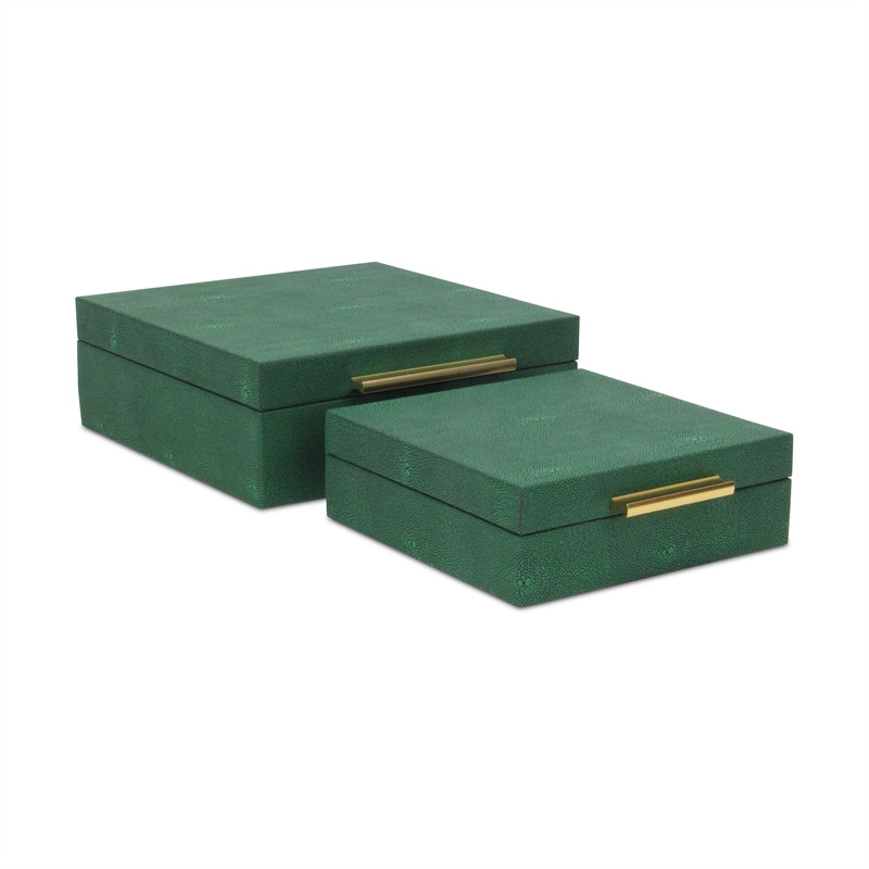 Pemberly Row Square Decorative Box Set of 2 in Green Faux Shagreen