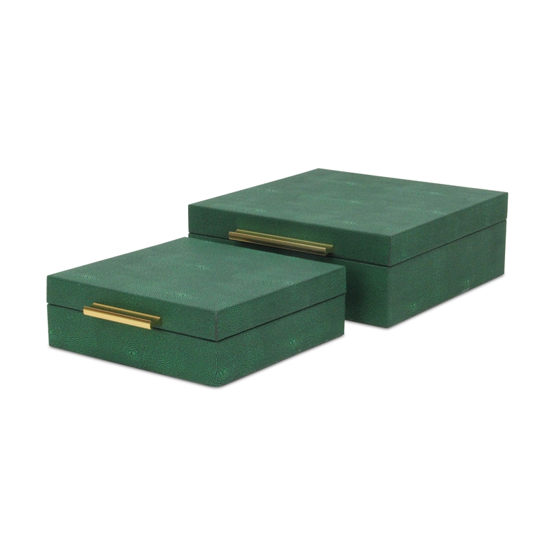Pemberly Row Square Decorative Box Set of 2 in Green Faux Shagreen
