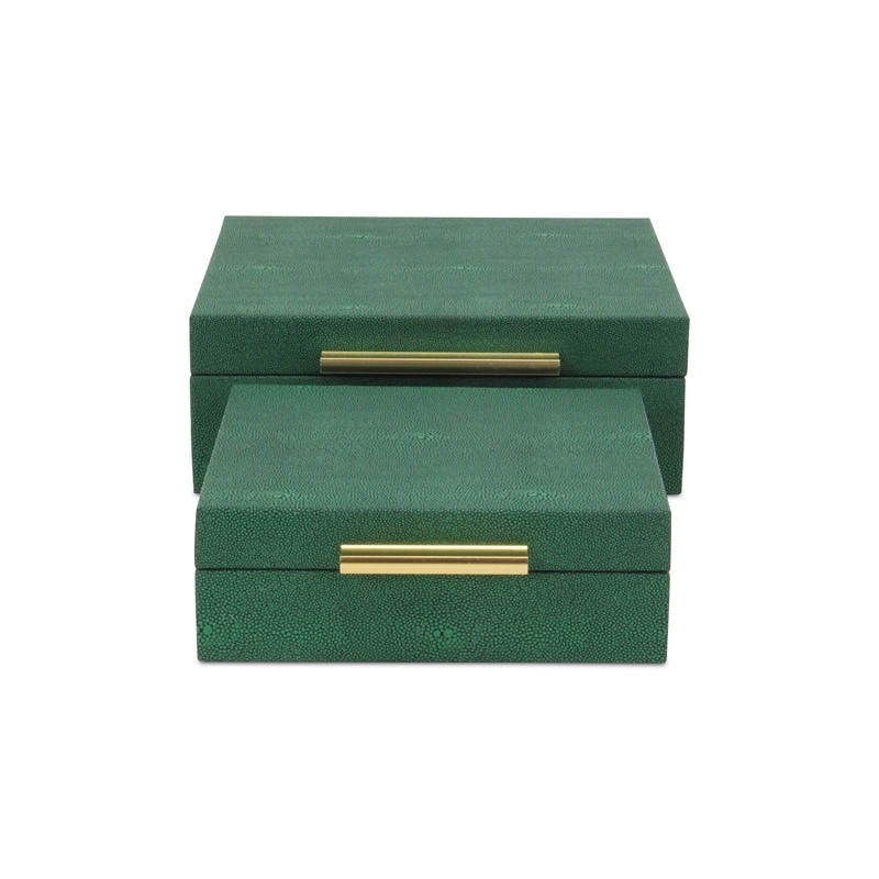 Pemberly Row Square Decorative Box Set of 2 in Green Faux Shagreen