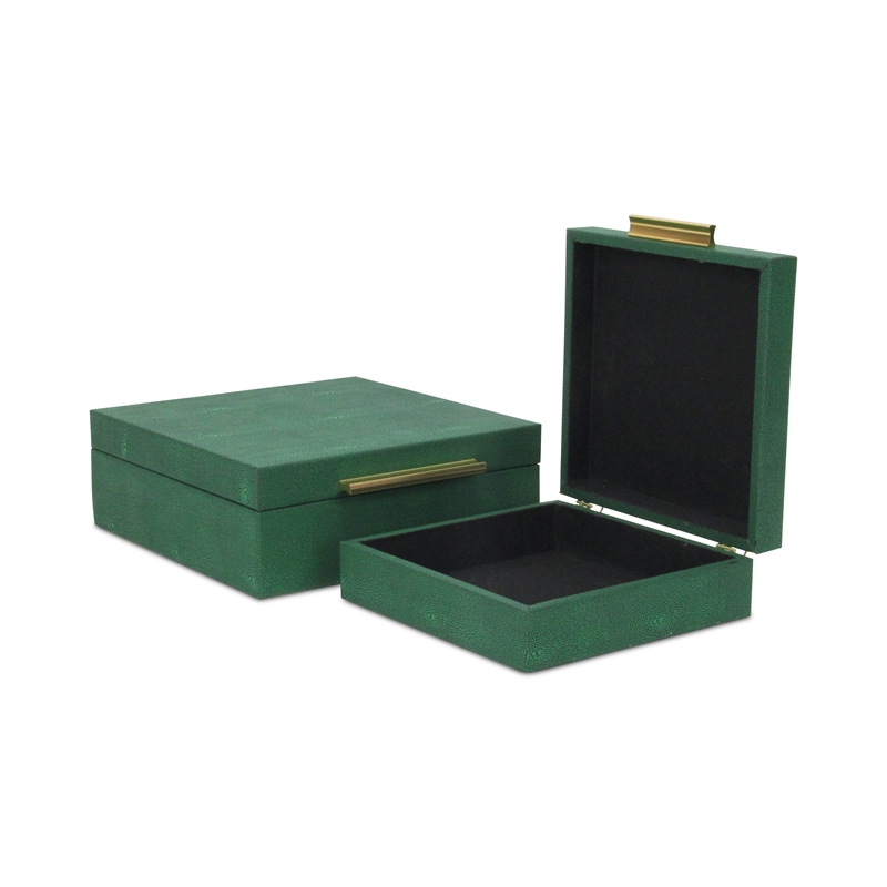 Pemberly Row Square Decorative Box Set of 2 in Green Faux Shagreen
