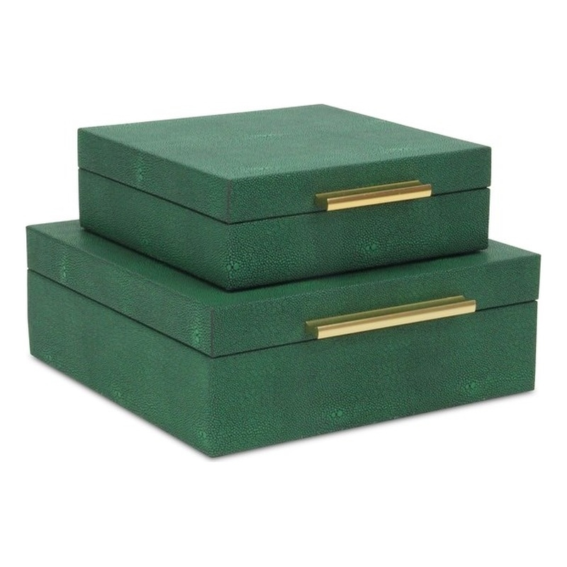 Pemberly Row Square Decorative Box Set of 2 in Green Faux Shagreen