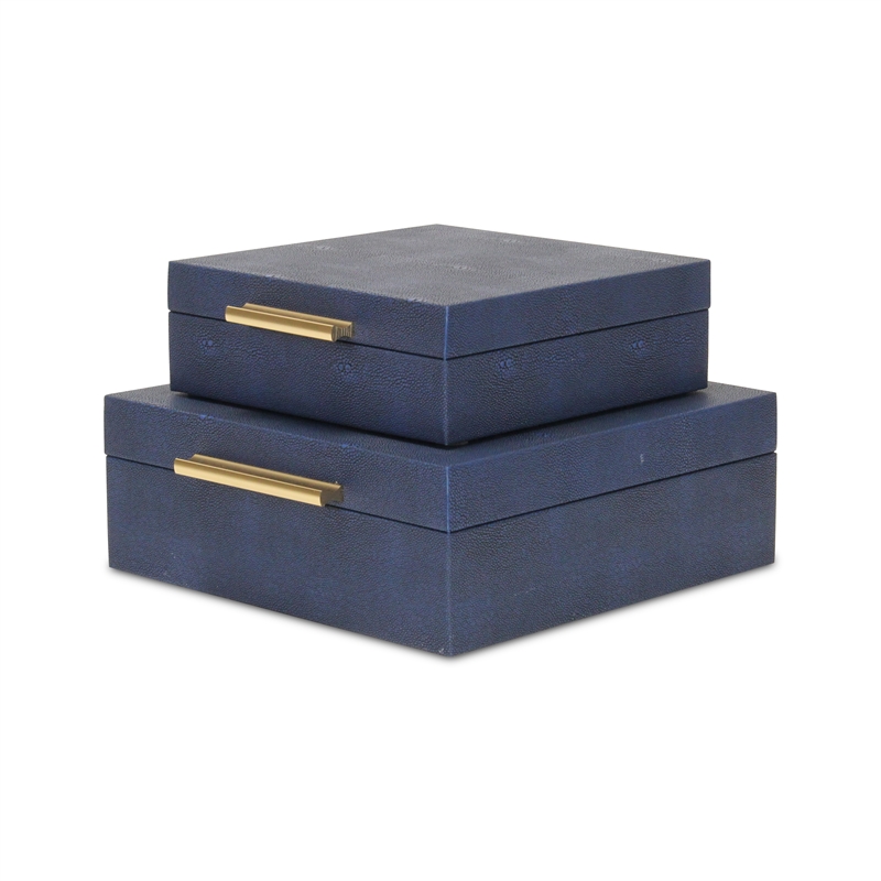 Pemberly Row Square Decorative Box Set of 2 in Navy Blue Faux Shagreen