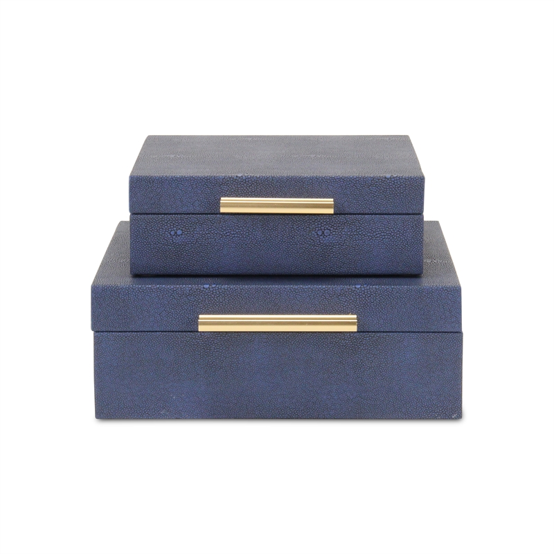 Pemberly Row Square Decorative Box Set of 2 in Navy Blue Faux Shagreen