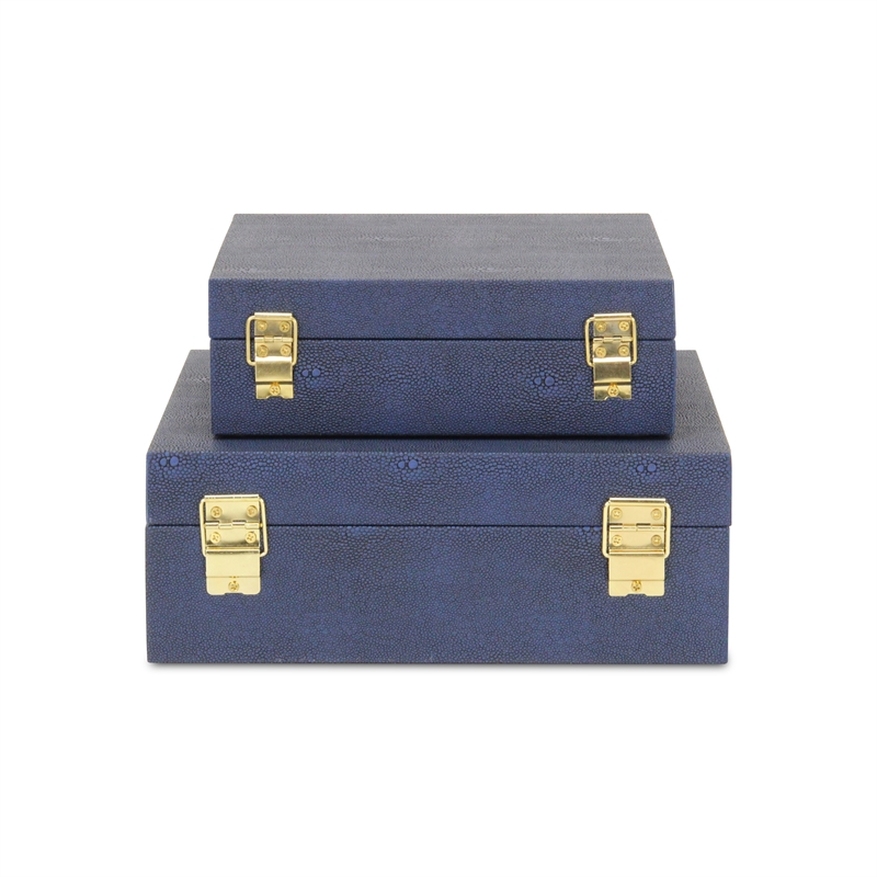 Pemberly Row Square Decorative Box Set of 2 in Navy Blue Faux Shagreen