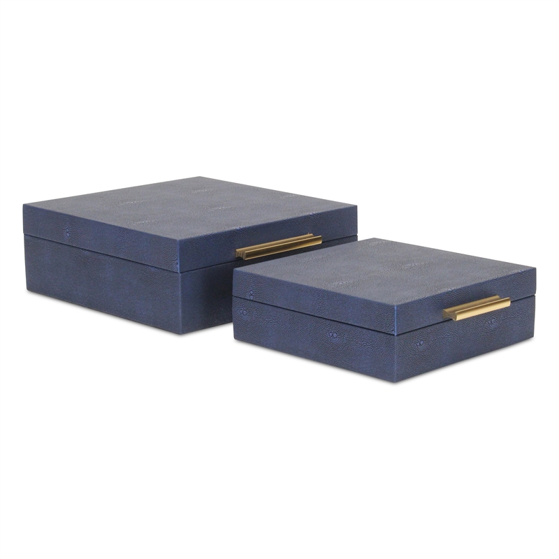 Pemberly Row Square Decorative Box Set of 2 in Navy Blue Faux Shagreen
