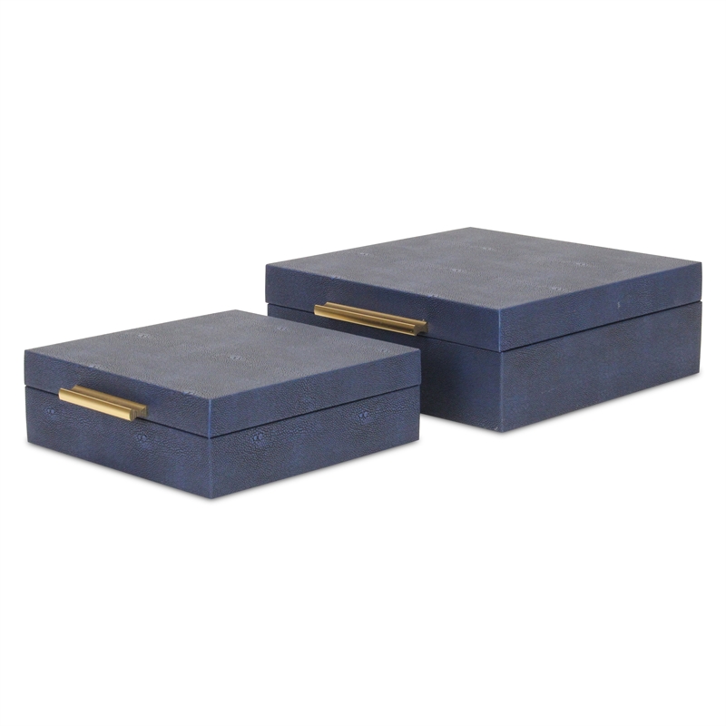 Pemberly Row Square Decorative Box Set of 2 in Navy Blue Faux Shagreen
