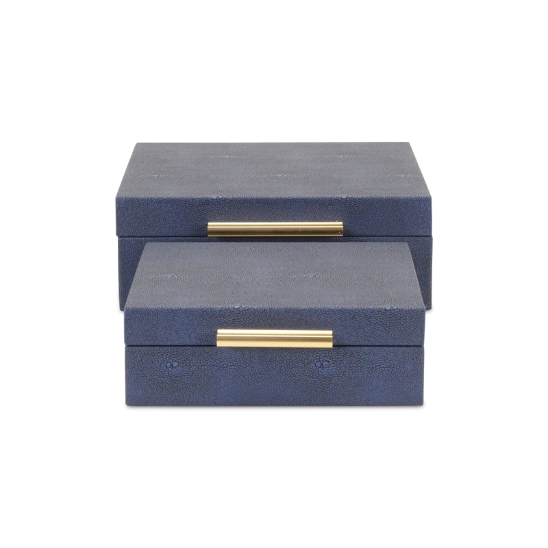 Pemberly Row Square Decorative Box Set of 2 in Navy Blue Faux Shagreen