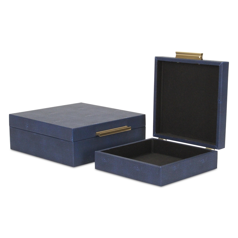 Pemberly Row Square Decorative Box Set of 2 in Navy Blue Faux Shagreen