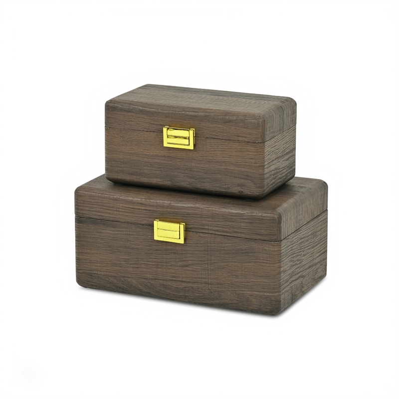 Pemberly Row Set of 2 Dark Brown Wood Storage Boxes with Gold Handles