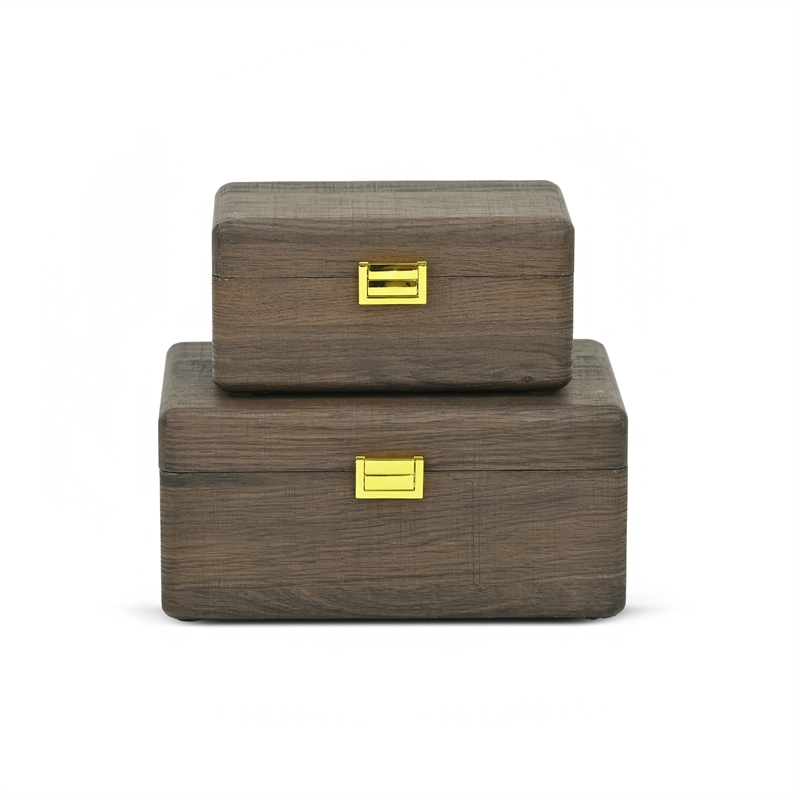 Pemberly Row Set of 2 Dark Brown Wood Storage Boxes with Gold Handles