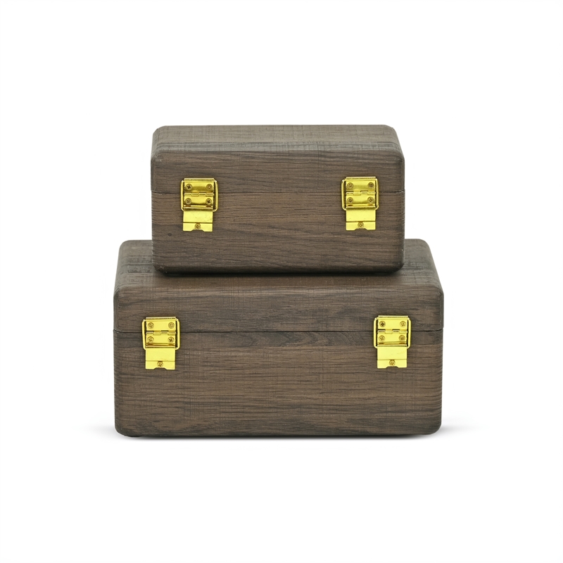 Pemberly Row Set of 2 Dark Brown Wood Storage Boxes with Gold Handles