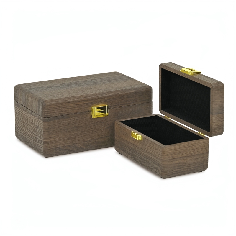 Pemberly Row Set of 2 Dark Brown Wood Storage Boxes with Gold Handles