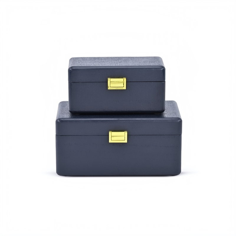 Pemberly Row Set of 2 Navy Blue Wood Storage Boxes with Gold Handles