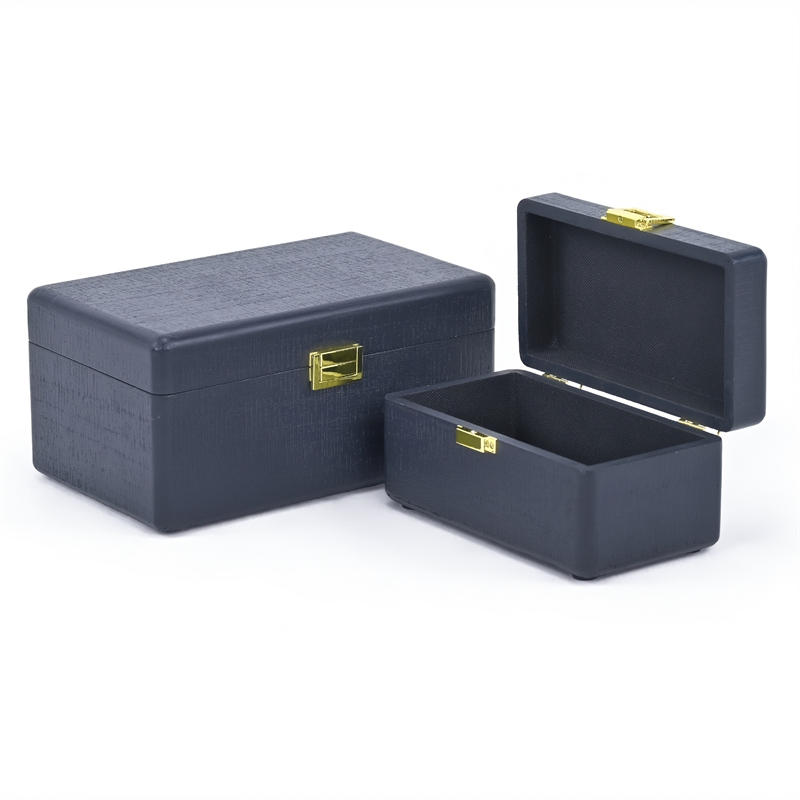 Pemberly Row Set of 2 Navy Blue Wood Storage Boxes with Gold Handles