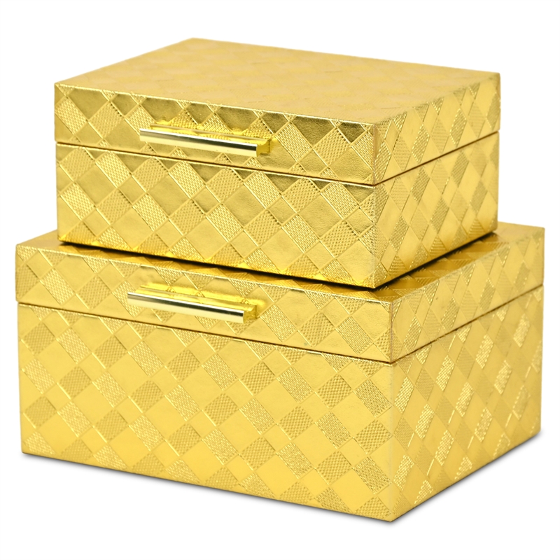 Pemberly Row Vinyl Diamond Checkered Pattern Box Set of 2 in Gold