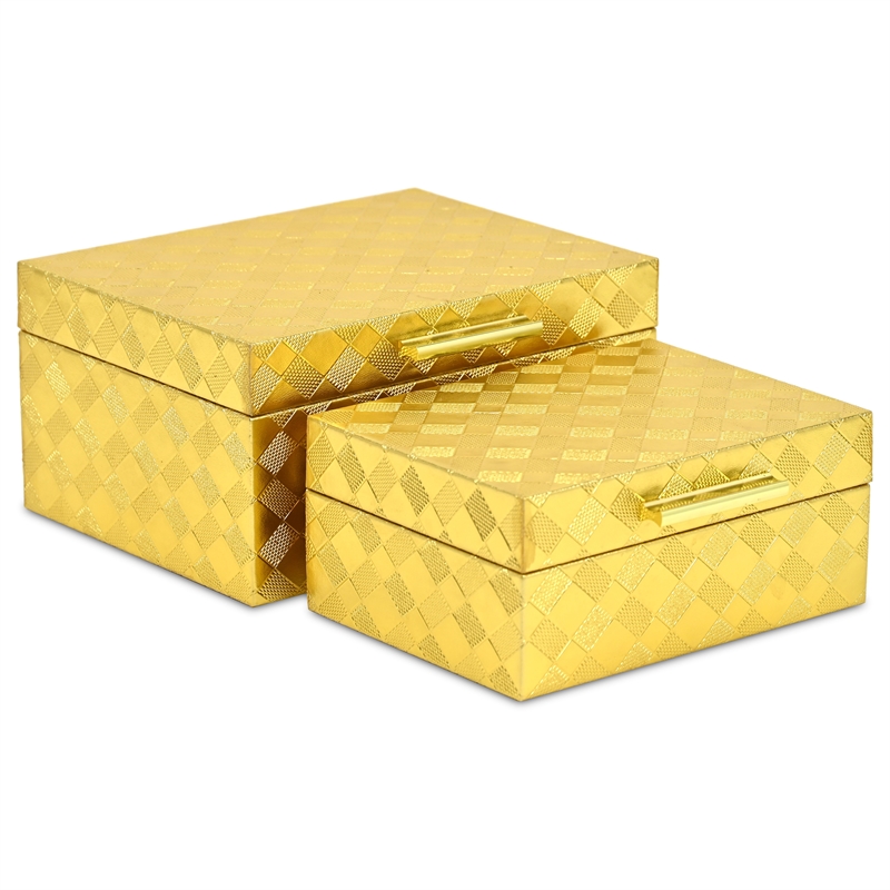 Pemberly Row Vinyl Diamond Checkered Pattern Box Set of 2 in Gold