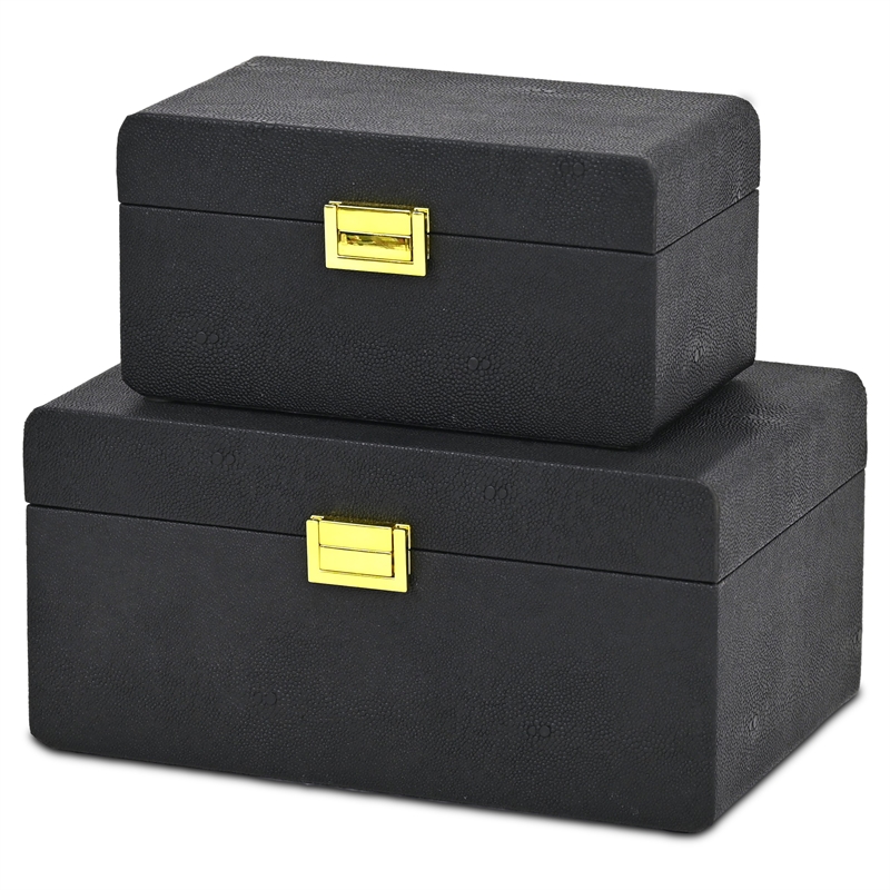 Pemberly Row Rounded Shagreen Vinyl Box Set of 2 with Gold Handles in Black