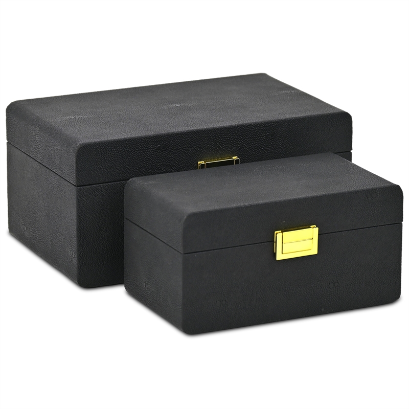 Pemberly Row Rounded Shagreen Vinyl Box Set of 2 with Gold Handles in Black