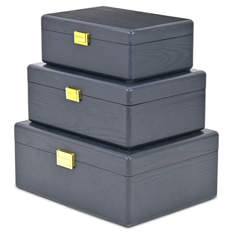 Pemberly Row Set of 3 Suitcase Storage Boxes with Gold Handles in Navy Blue