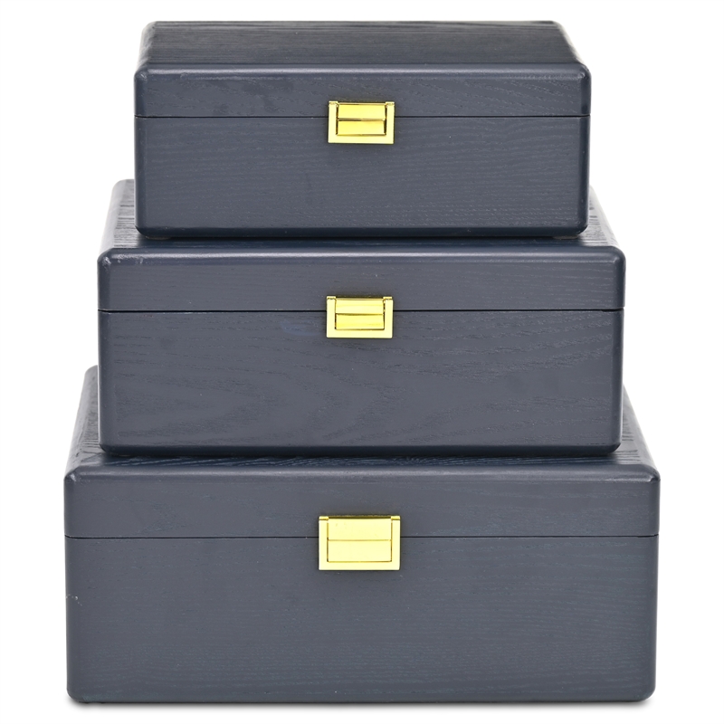 Pemberly Row Set of 3 Suitcase Storage Boxes with Gold Handles in Navy Blue