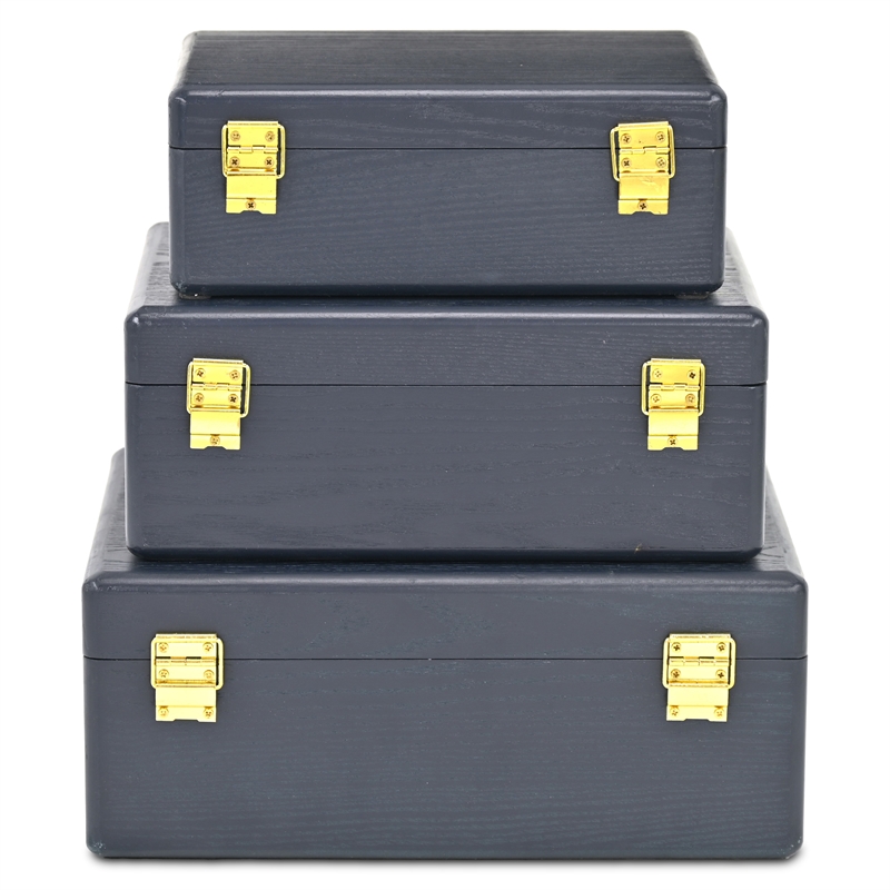 Pemberly Row Set of 3 Suitcase Storage Boxes with Gold Handles in Navy Blue