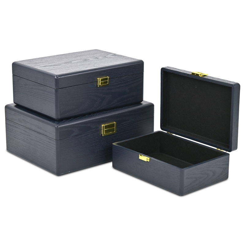 Pemberly Row Set of 3 Suitcase Storage Boxes with Gold Handles in Navy Blue