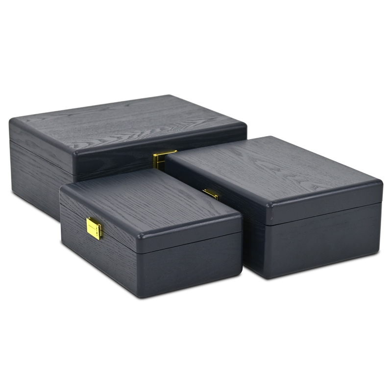 Pemberly Row Set of 3 Suitcase Storage Boxes with Gold Handles in Navy Blue
