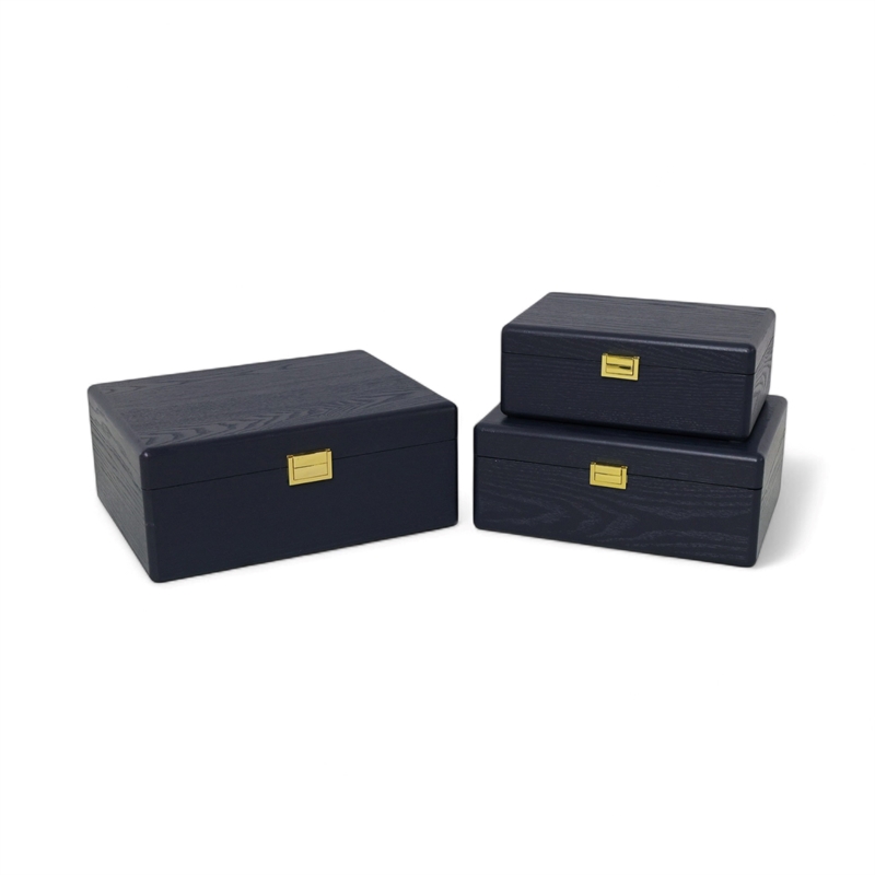 Pemberly Row Set of 3 Suitcase Storage Boxes with Gold Handles in Navy Blue