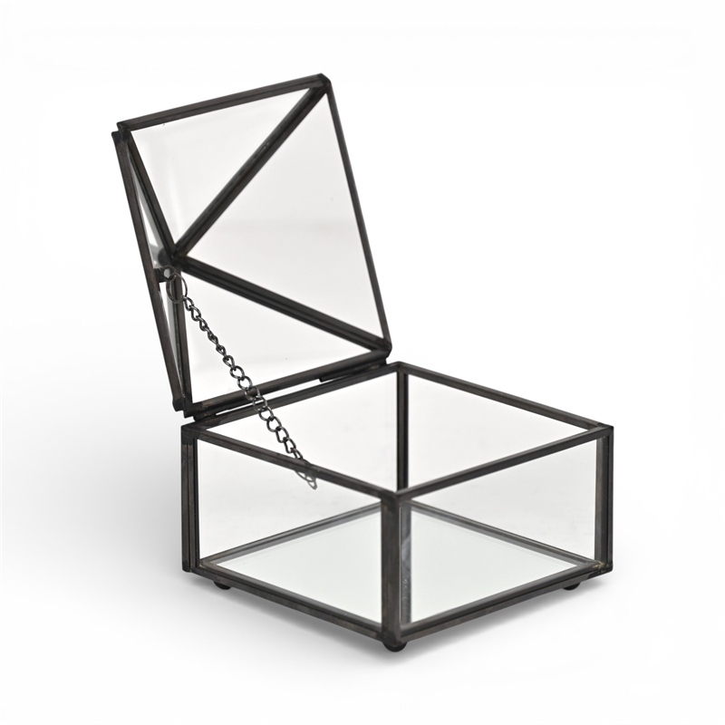 Pemberly Row Metal Framed Glass Pyramid Decorative Box in Black