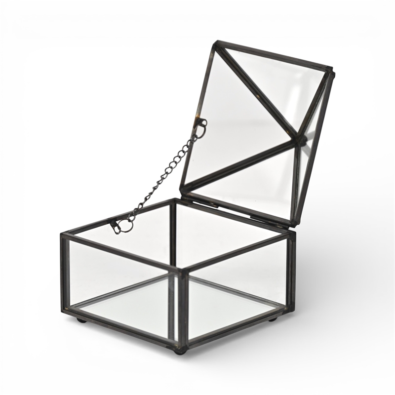 Pemberly Row Metal Framed Glass Pyramid Decorative Box in Black