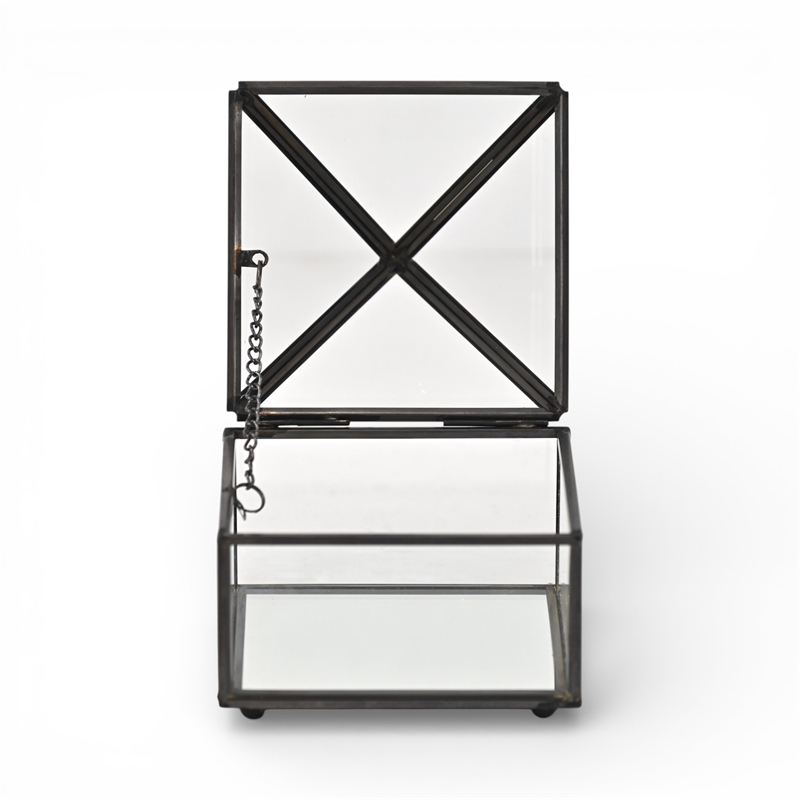 Pemberly Row Metal Framed Glass Pyramid Decorative Box in Black
