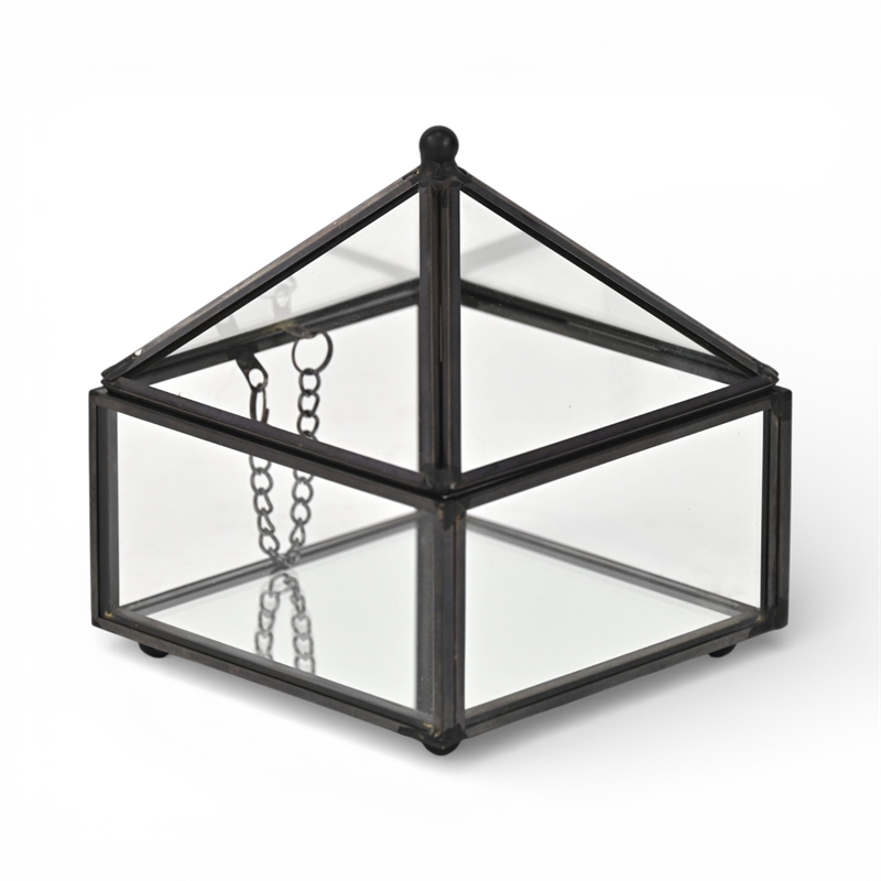Pemberly Row Metal Framed Glass Pyramid Decorative Box in Black