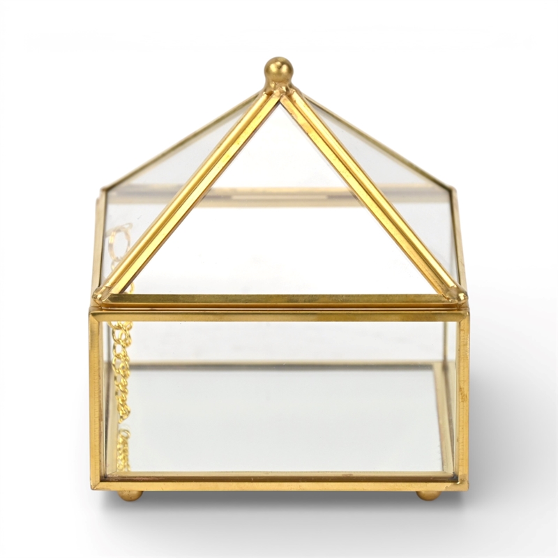 Pemberly Row Metal Framed Glass Pyramid Decorative Box in Gold