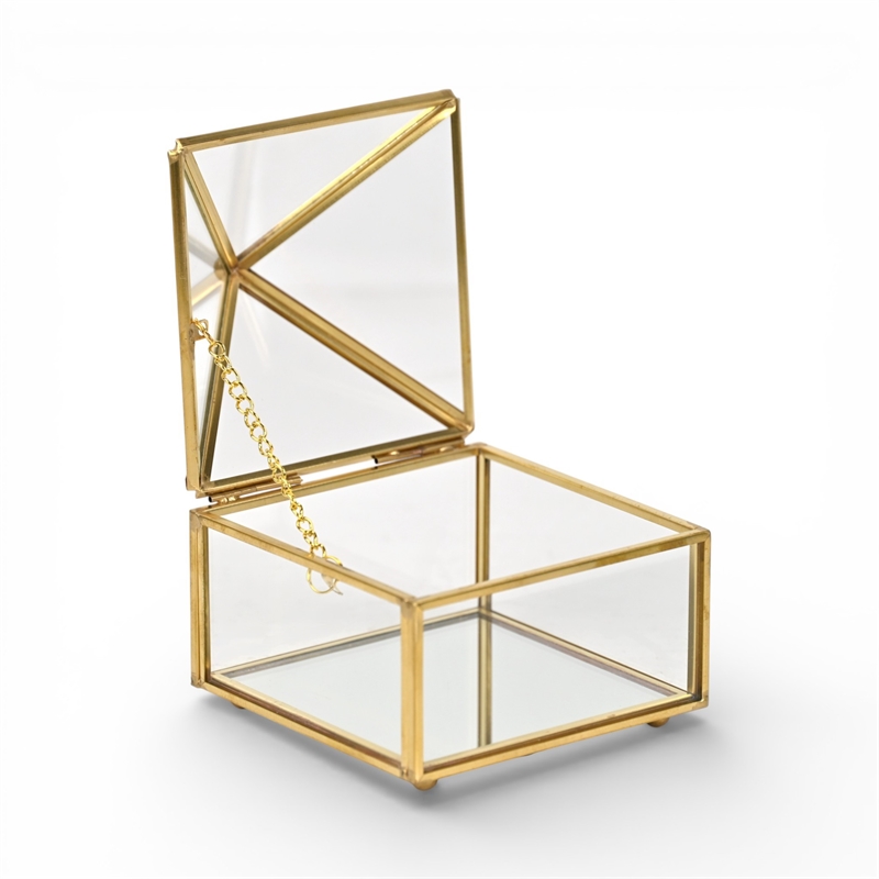 Pemberly Row Metal Framed Glass Pyramid Decorative Box in Gold