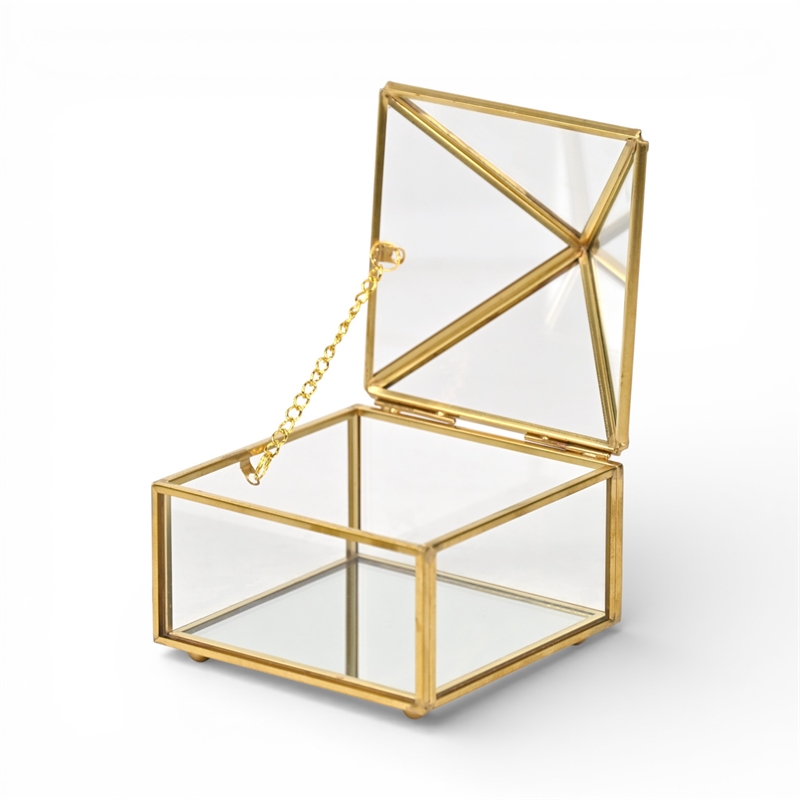 Pemberly Row Metal Framed Glass Pyramid Decorative Box in Gold