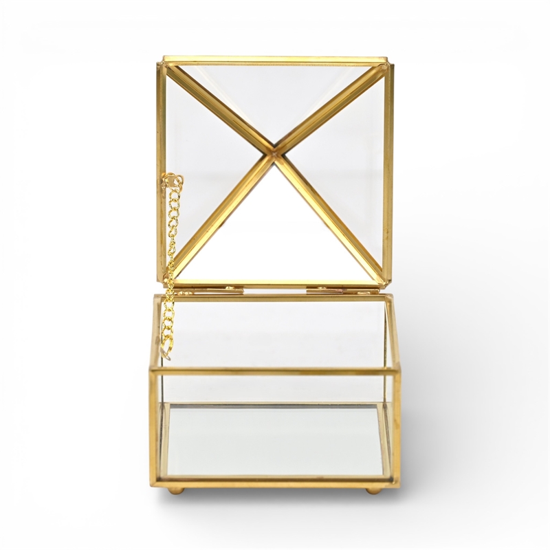 Pemberly Row Metal Framed Glass Pyramid Decorative Box in Gold