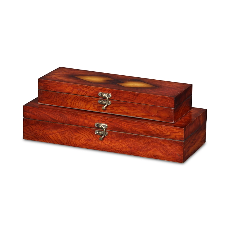 Pemberly Row Wooden Set of 2 Burlwood Veneer Storage Boxes with Latch