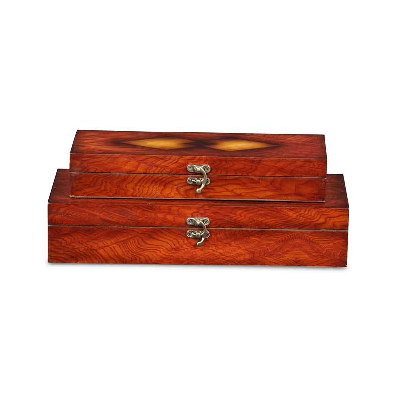 Pemberly Row Wooden Set of 2 Burlwood Veneer Storage Boxes with Latch