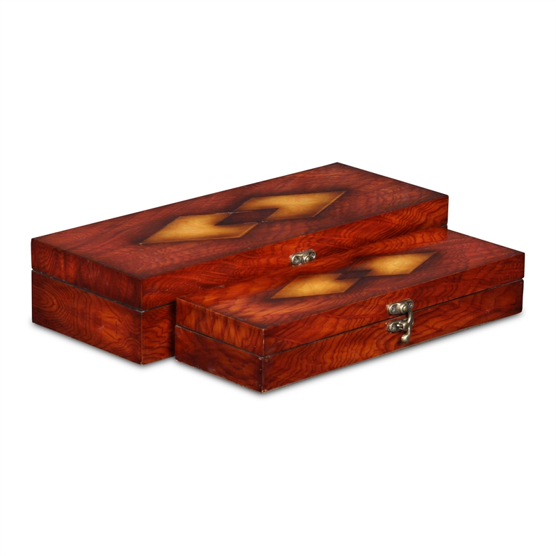 Pemberly Row Wooden Set of 2 Burlwood Veneer Storage Boxes with Latch