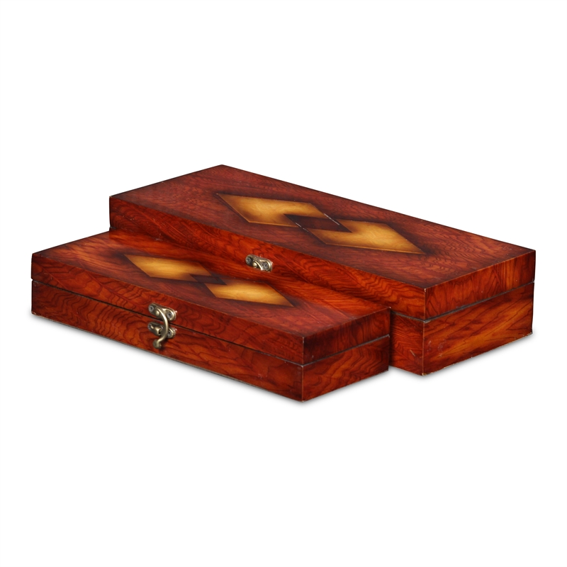 Pemberly Row Wooden Set of 2 Burlwood Veneer Storage Boxes with Latch