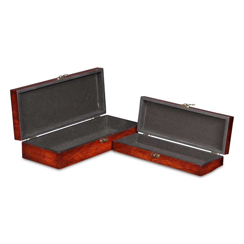 Pemberly Row Wooden Set of 2 Burlwood Veneer Storage Boxes with Latch