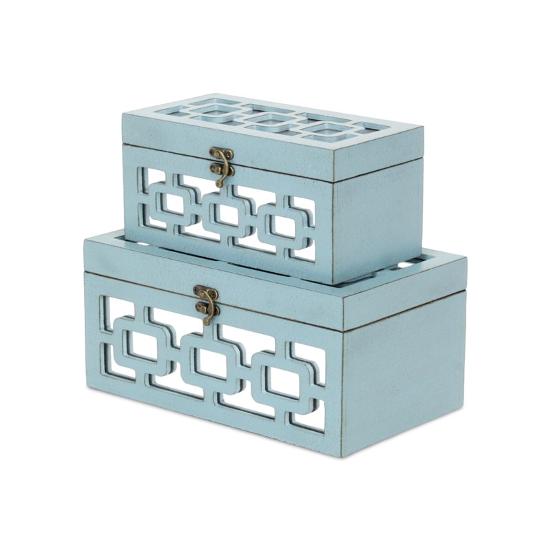 Pemberly Row Set of 2 Distressed Mirrored Wood Boxes in Blue